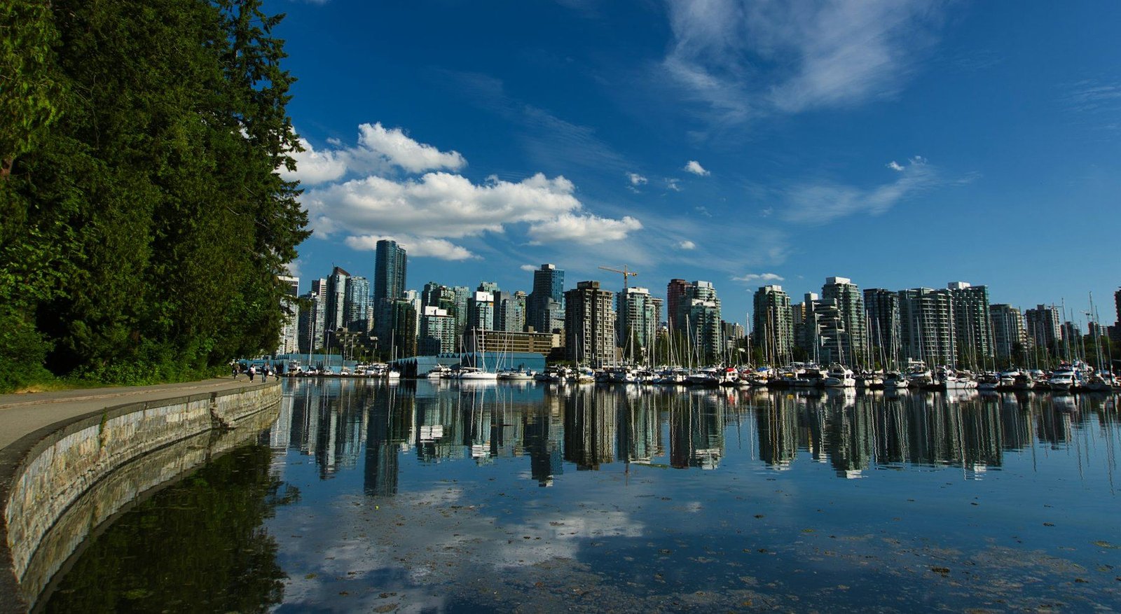 La silhouette du centre-ville de Vancouver et la marina se reflètent dans une eau calme, vues de la digue du parc Stanley sous un ciel bleu