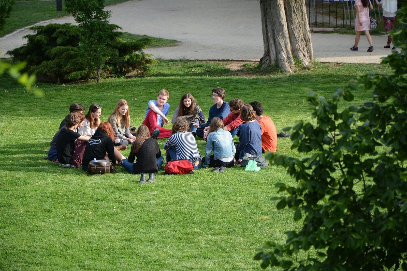 Un groupe de jeunes assis en cercle sur l’herbe dans un parc, tournés les uns vers les autres